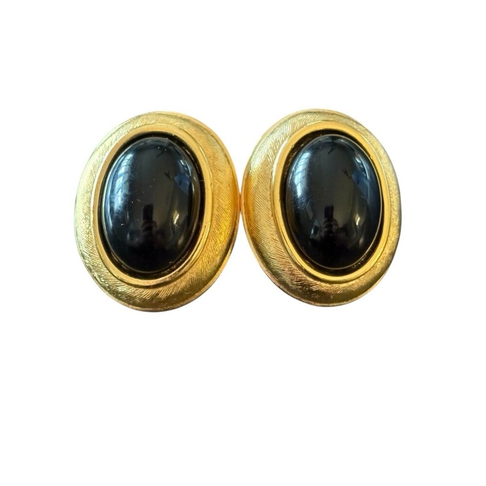 NAPIER‎ Earrings VTG Gold Tone Black Lucite Cabochon Oval Chunky Pierced Button
